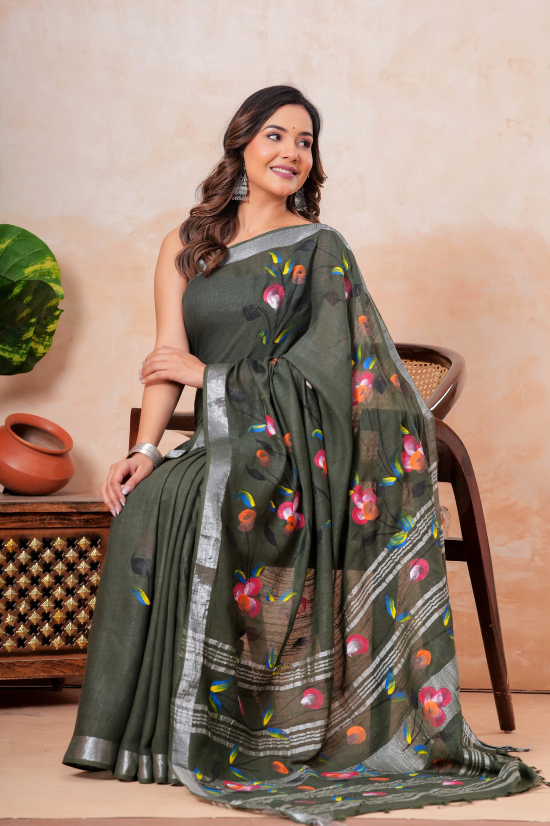 Faddism Hand Block Printed Linen Saree with Blouse