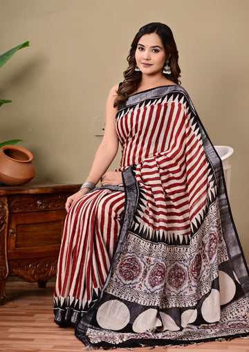 Faddism Hand Block Printed Linen Saree with Blouse