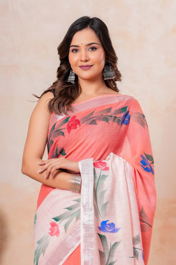 Faddism Hand Block Printed Linen Saree with Blouse