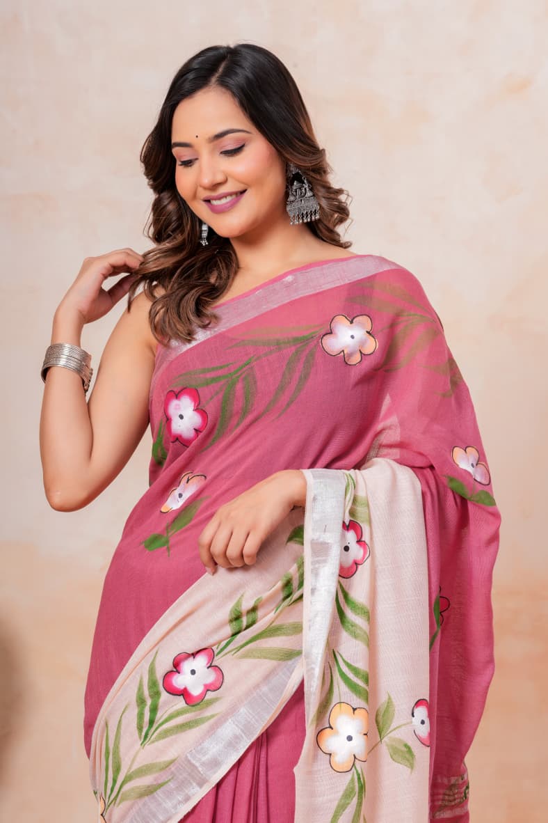 Faddism Hand Block Printed Linen Saree with Blouse