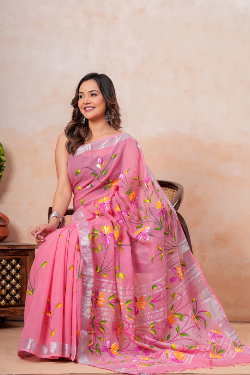Faddism Hand Block Printed Linen Saree with Blouse
