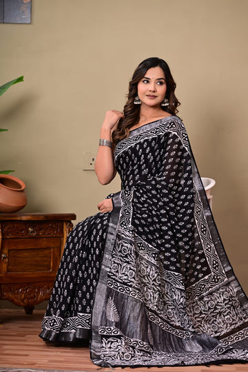 Faddism Hand Block Printed Linen Saree with Blouse