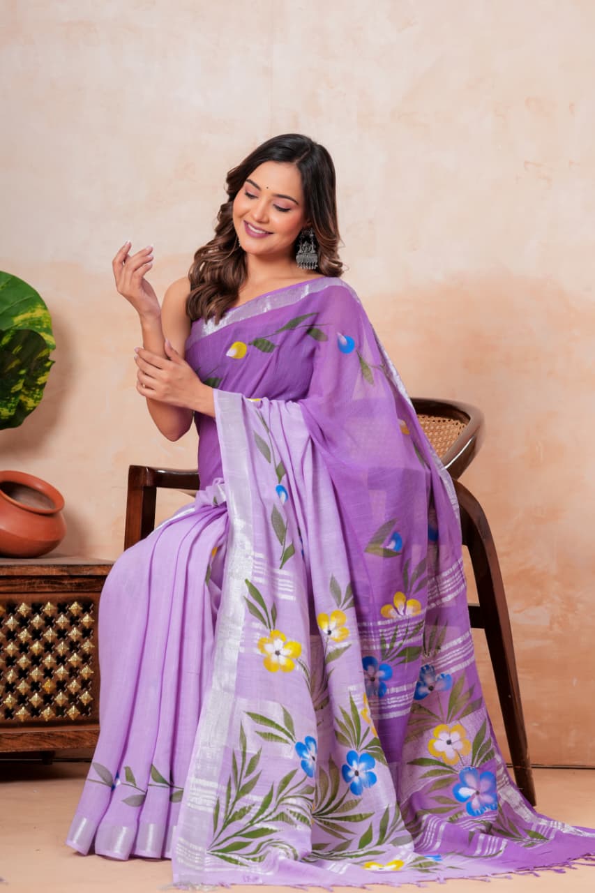 Faddism Hand Block Printed Linen Saree with Blouse