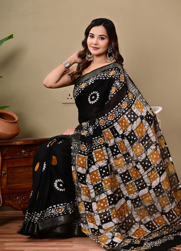 Faddism Hand Block Printed Linen Saree with Blouse