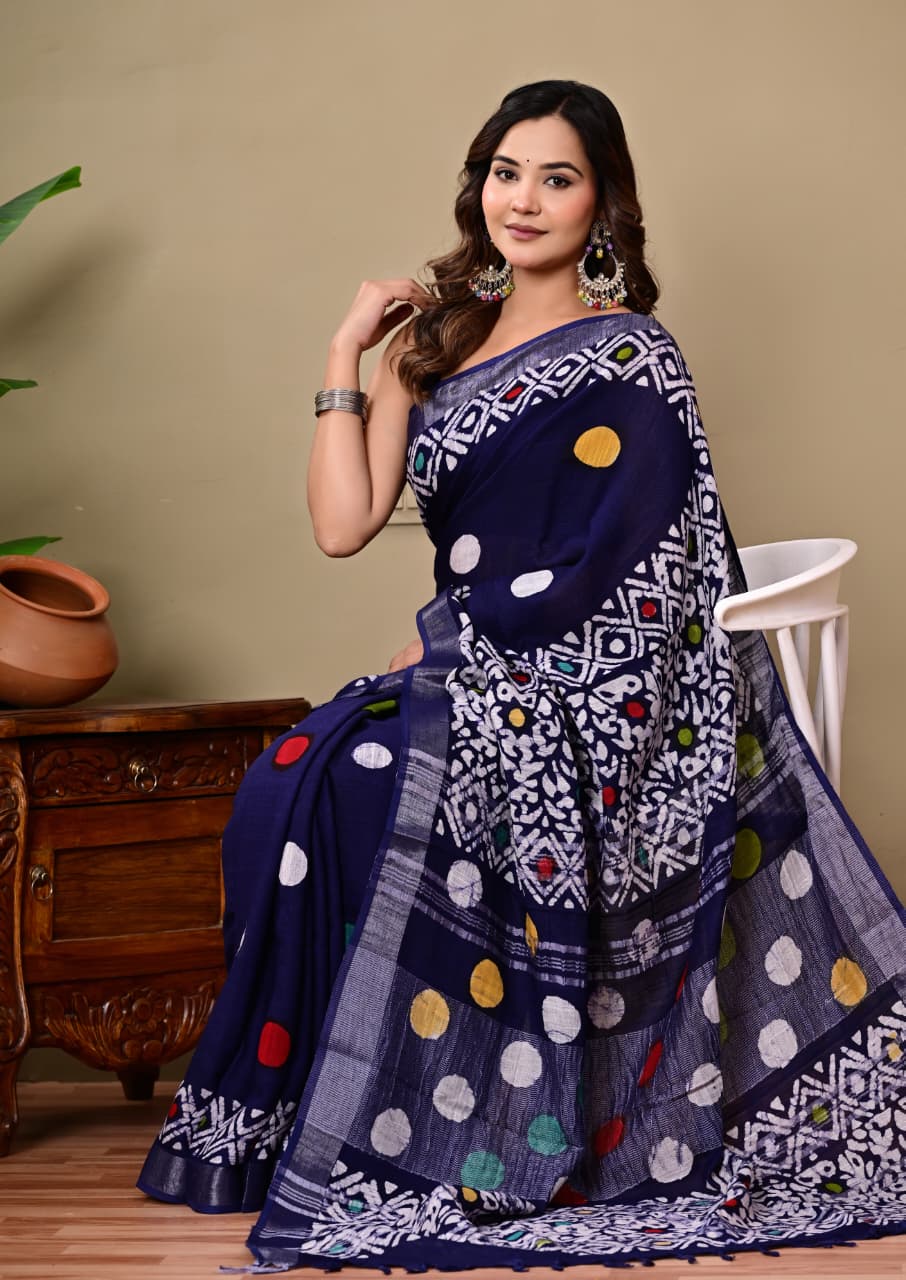 Faddism Hand Block Printed Linen Saree with Blouse