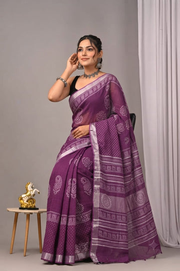 Faddism Hand Block Printed Linen Saree with Blouse