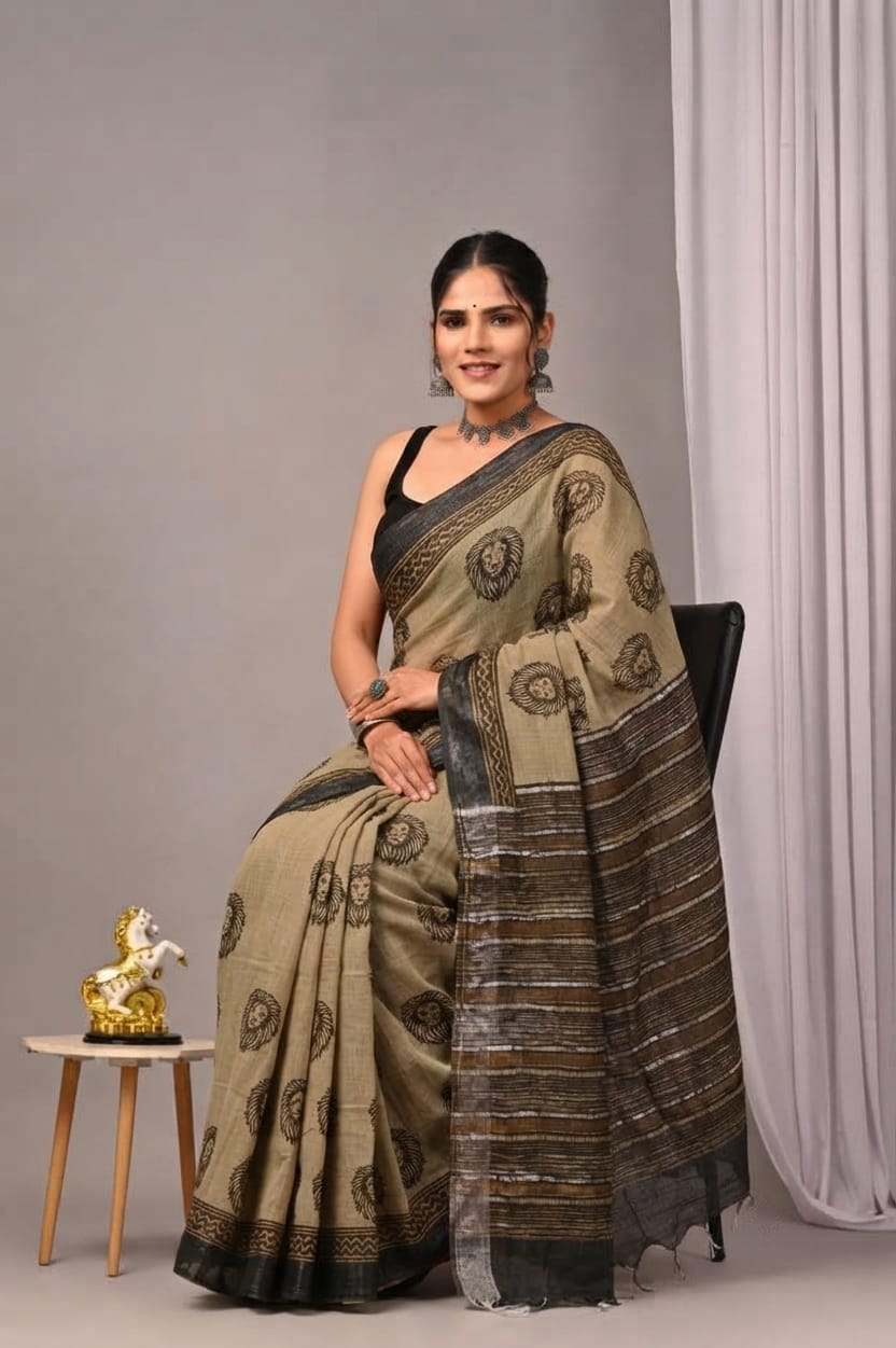 Faddism Hand Block Printed Linen Saree with Blouse