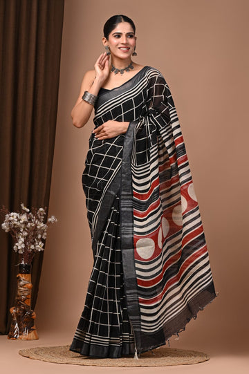 Faddism Hand Block Printed Linen Saree with Blouse