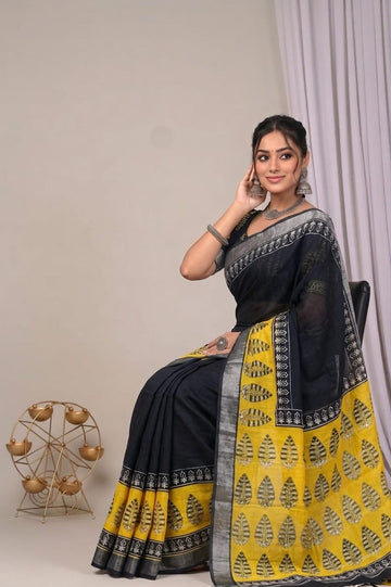 Faddism Hand Block Printed Linen Saree with Blouse