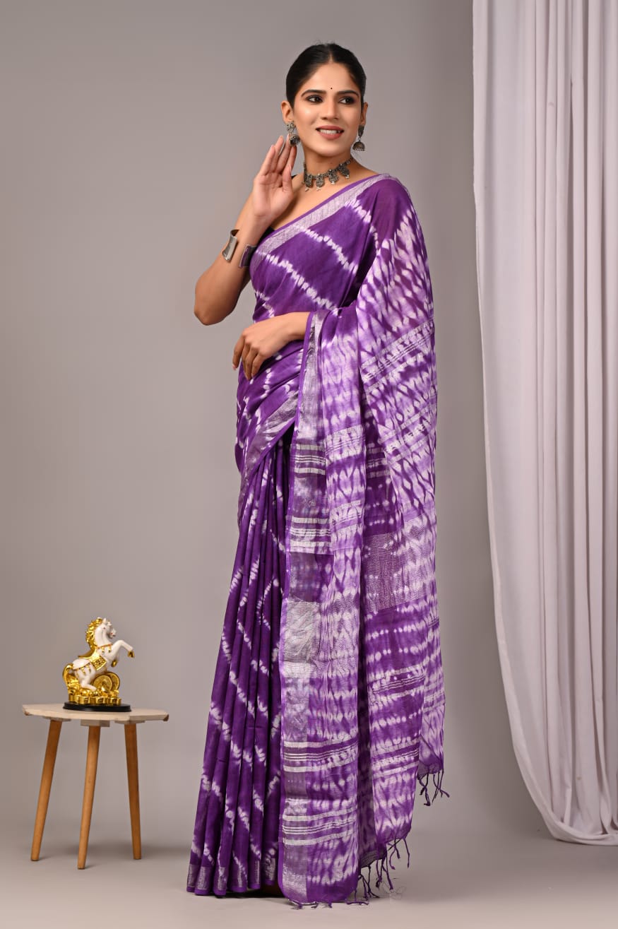 Faddism Hand Block Printed Linen Saree with Blouse