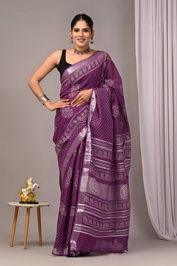 Faddism Hand Block Printed Linen Saree with Blouse