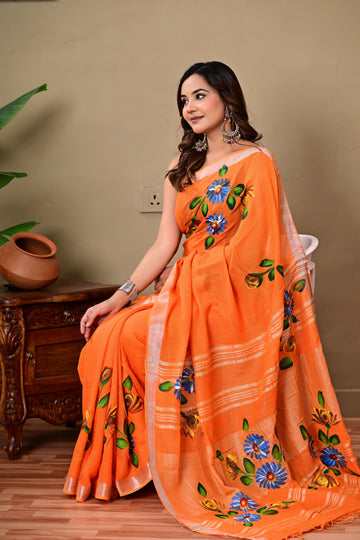 Faddism Hand Block Printed Linen Saree with Blouse