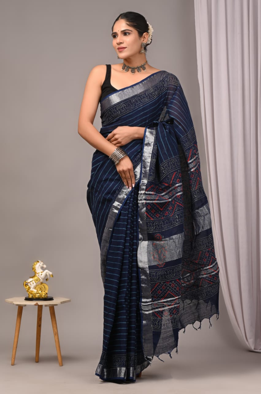 Faddism Hand Block Printed Linen Saree with Blouse