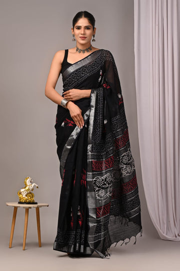 Faddism Hand Block Printed Linen Saree with Blouse