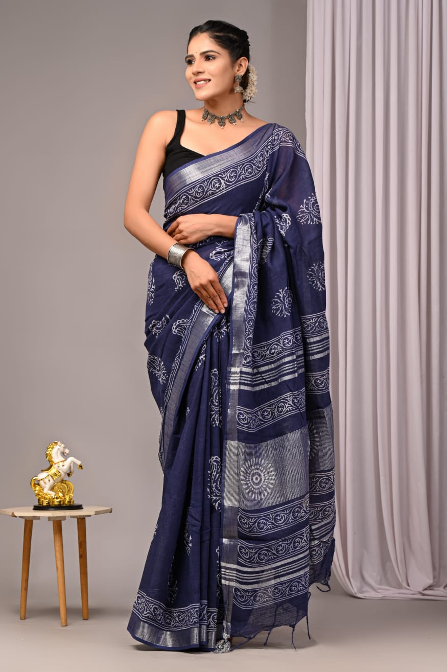 Faddism Hand Block Printed Linen Saree with Blouse