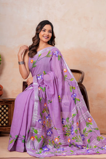 Faddism Hand Block Printed Linen Saree with Blouse