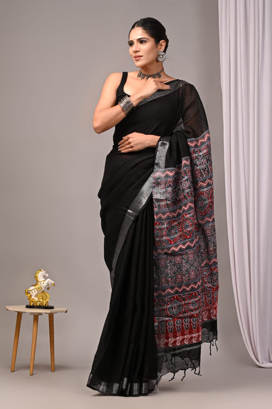 Faddism Hand Block Printed Linen Saree with Blouse