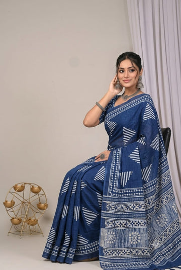Faddism Hand Block Printed Linen Saree with Blouse