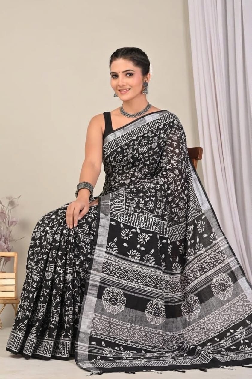 Faddism Hand Block Printed Linen Saree with Blouse