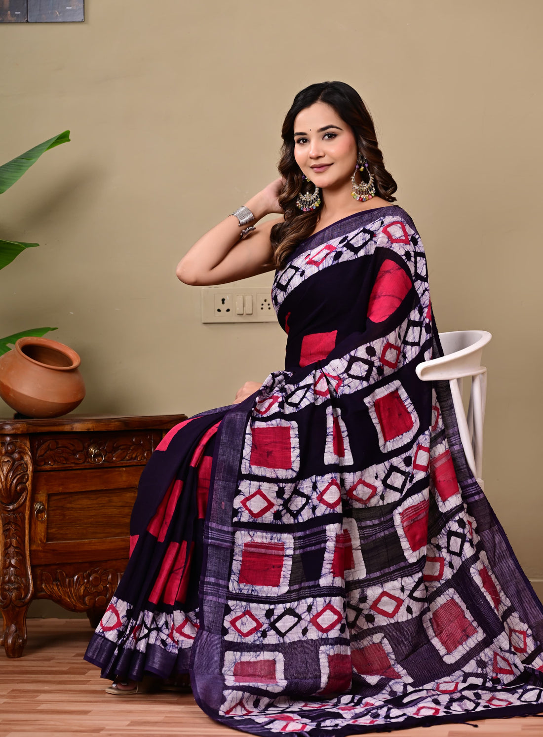 Faddism Hand Block Printed Linen Saree with Blouse