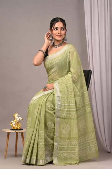 Faddism Hand Block Printed Linen Saree with Blouse
