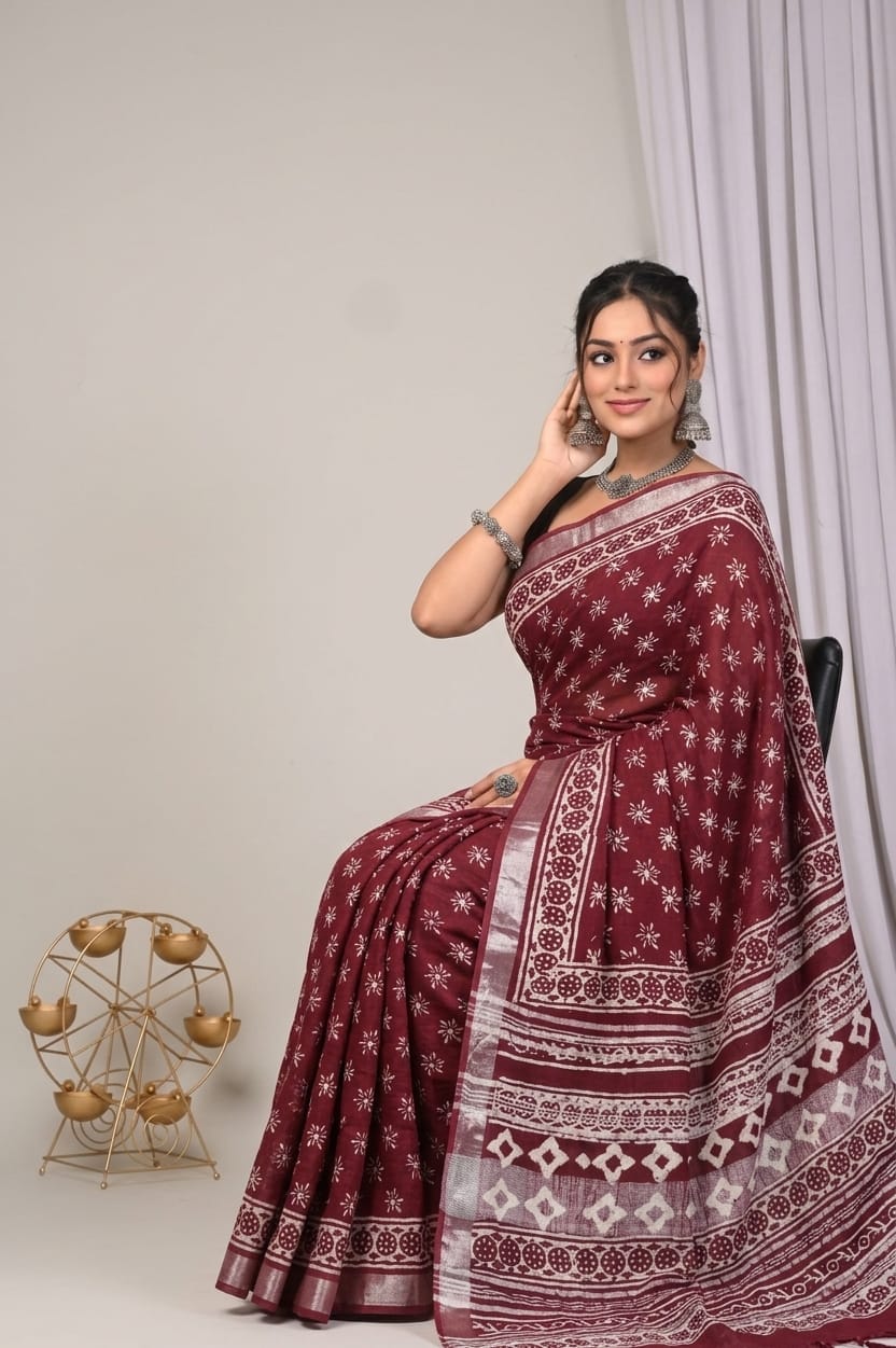 Faddism Hand Block Printed Linen Saree with Blouse