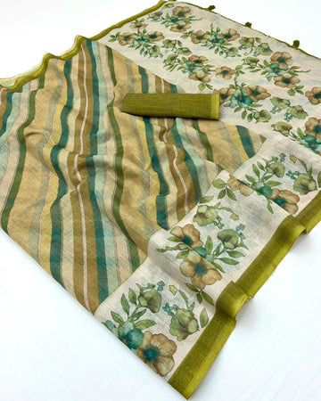 Faddism Kazari Inara Linen Designer Printed Soft Linen Saree