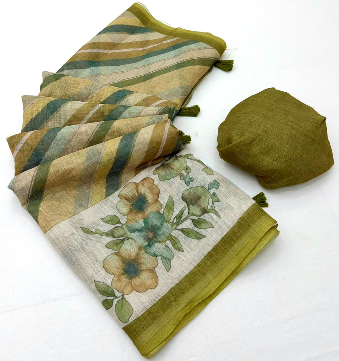Faddism Kazari Inara Linen Designer Printed Soft Linen Saree