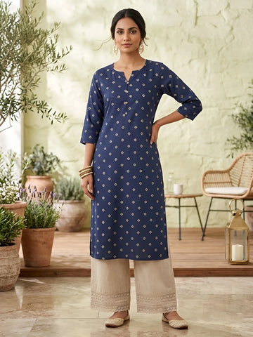 Faddism Blue Printed Straight Kurta with Three Quarter Sleeves