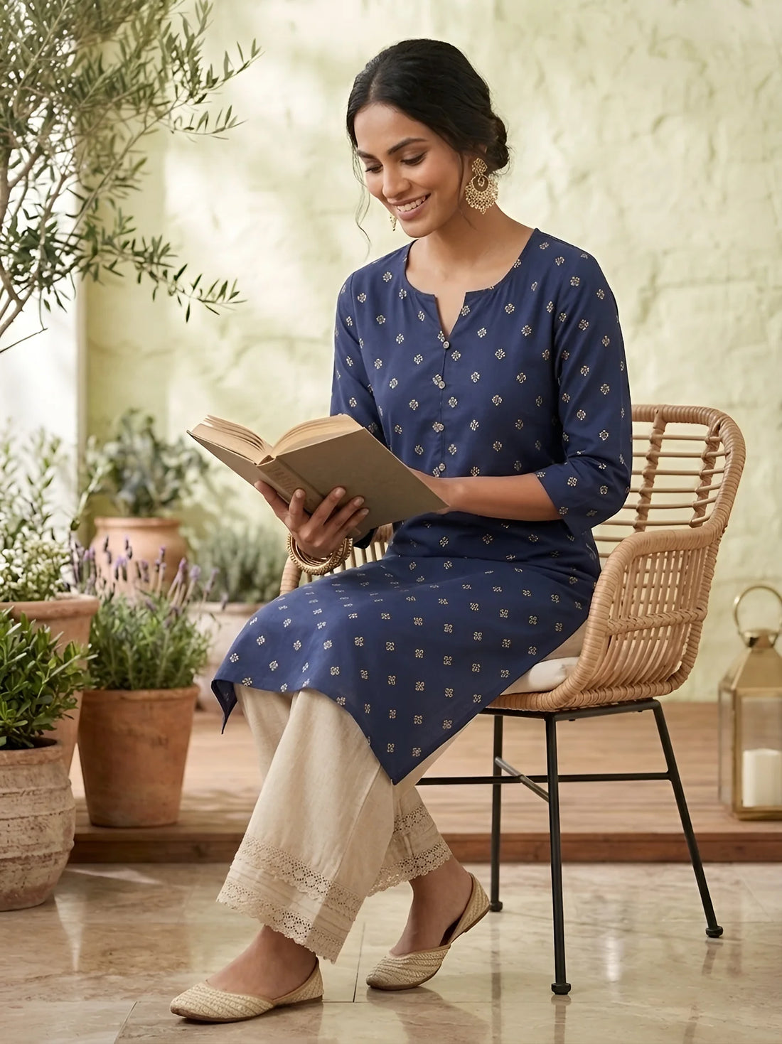 Faddism Blue Printed Straight Kurta with Three Quarter Sleeves