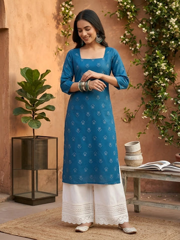 Faddism Blue Printed Straight Kurta with Three Quarter Sleeves