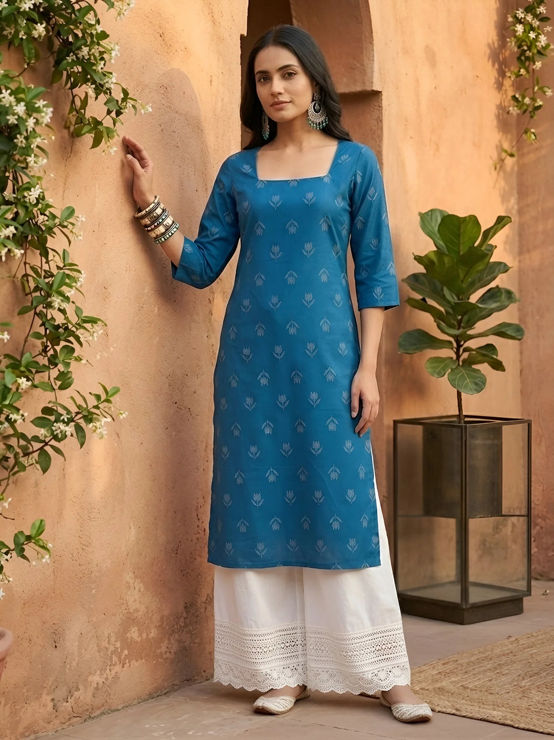 Faddism Blue Printed Straight Kurta with Three Quarter Sleeves