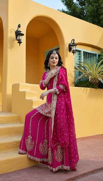 Faddism JD-593 Pure Chinon Silk Embroidered Kurti Sharara Dupatta Set