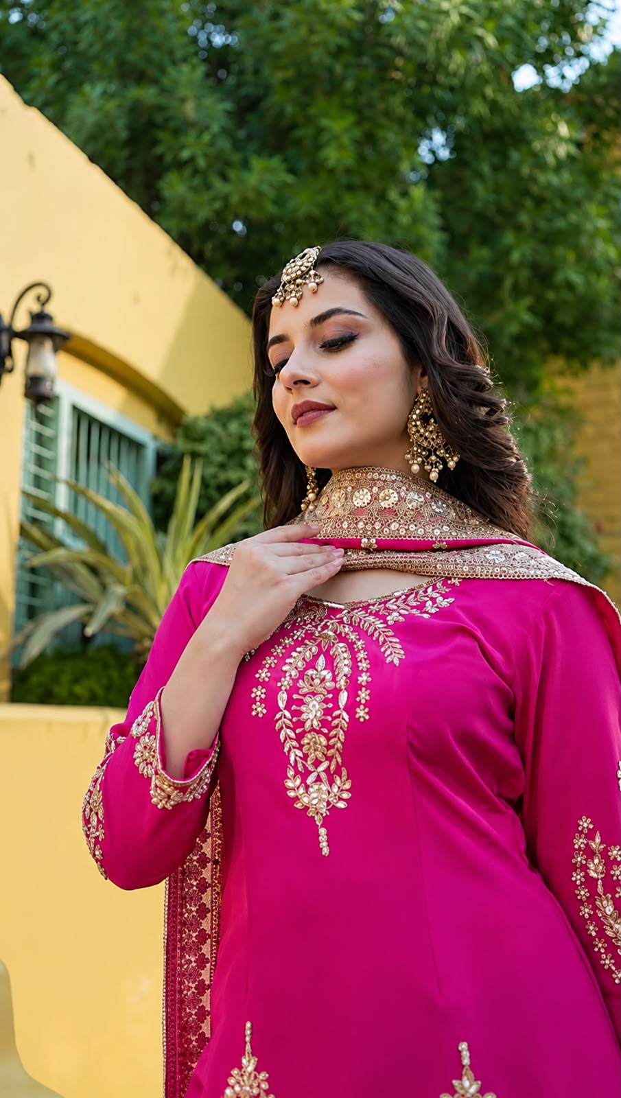 Faddism JD-593 Pure Chinon Silk Embroidered Kurti Sharara Dupatta Set