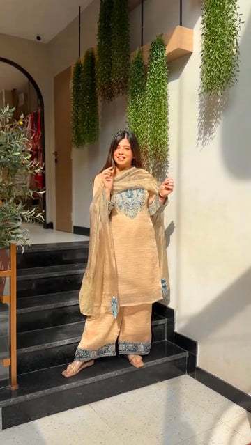 Faddism JF-055 Rakhi Special Salsa Silk Embroidered Kurta Palazzo Dupatta Set