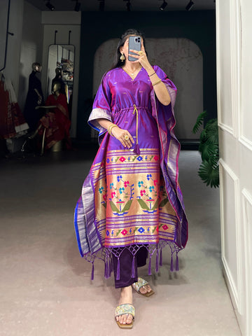 Faddism Jacquard Paithani Kaftan with Zari Weaving Work