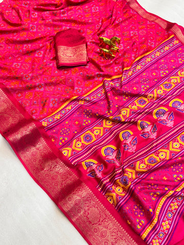 Faddism Jenny Dola Silk Patola Print Saree with Jacquard Border