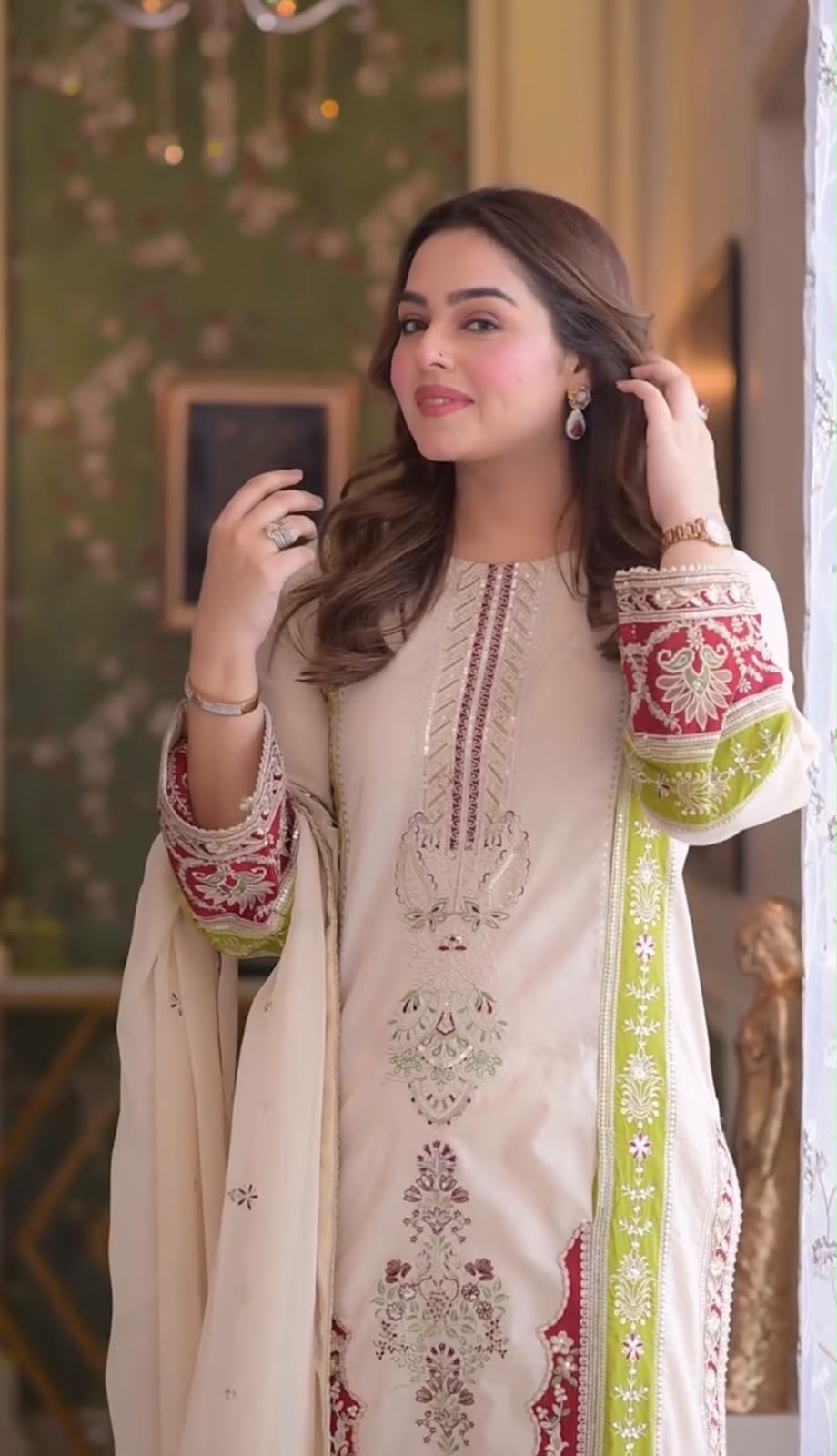 Faddism KN82AVD Pure Roman Silk Embroidered Top Bottom Dupatta Set