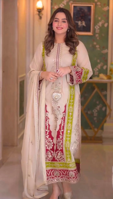 Faddism KN82AVD Pure Roman Silk Embroidered Top Bottom Dupatta Set