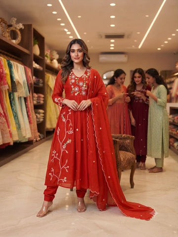Faddism KN89FAB Premium Mul Chanderi Embroidered Kurta Pant Dupatta Set