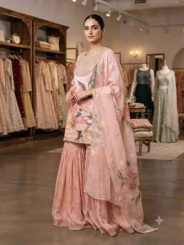 Faddism KN89FAB Printed Soft Organza Embroidered Top Sharara Dupatta Set