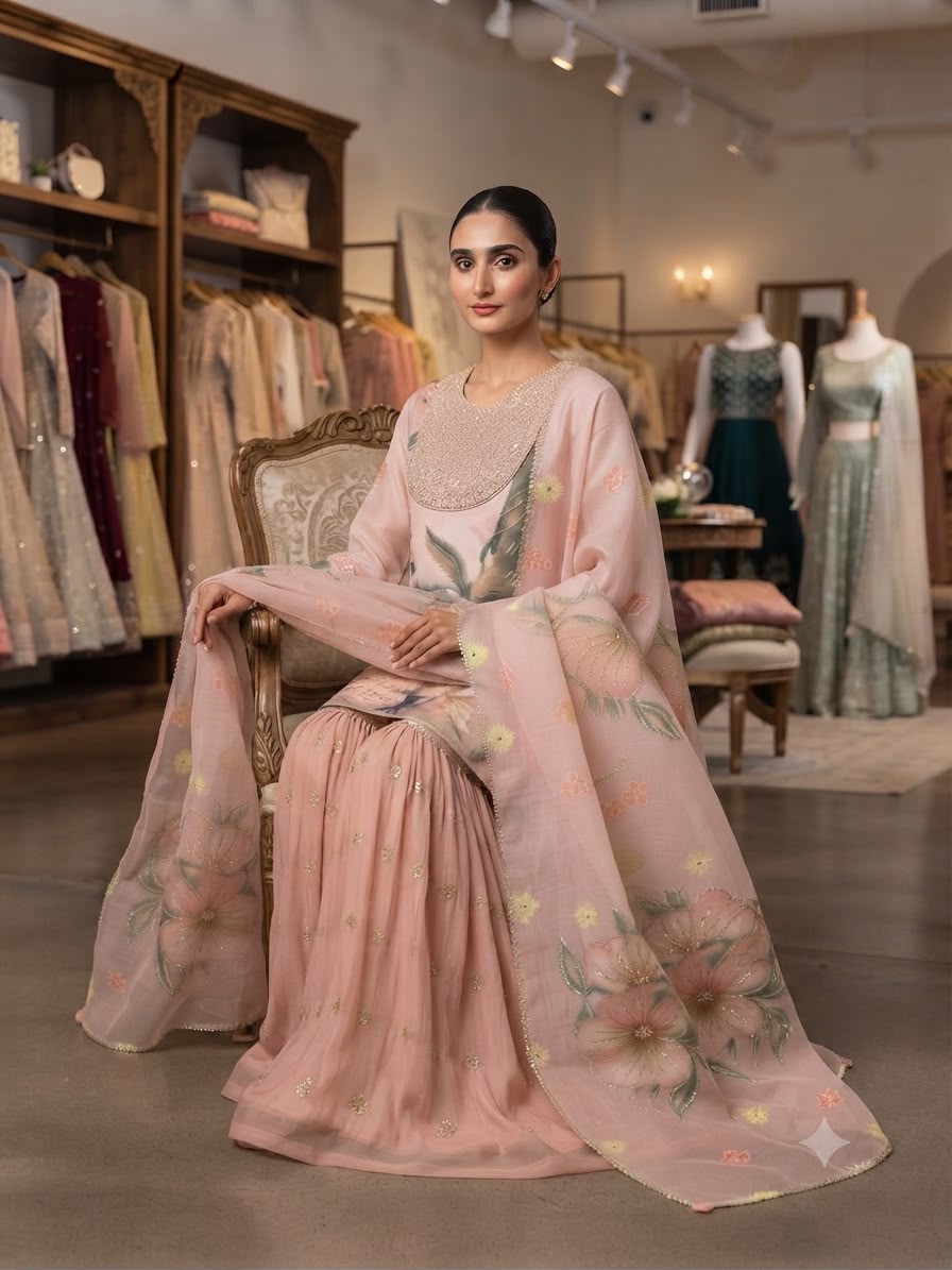 Faddism KN89FAB Printed Soft Organza Embroidered Top Sharara Dupatta Set