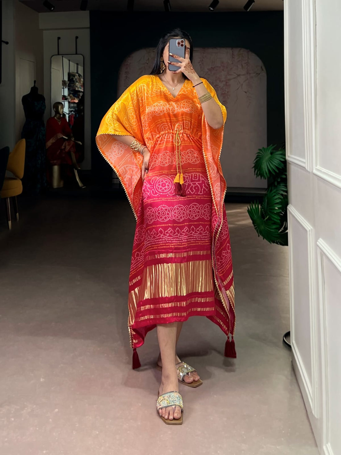 Faddism Pure Gaji Silk Digital Printed Kaftan with Gotta Patti Lace