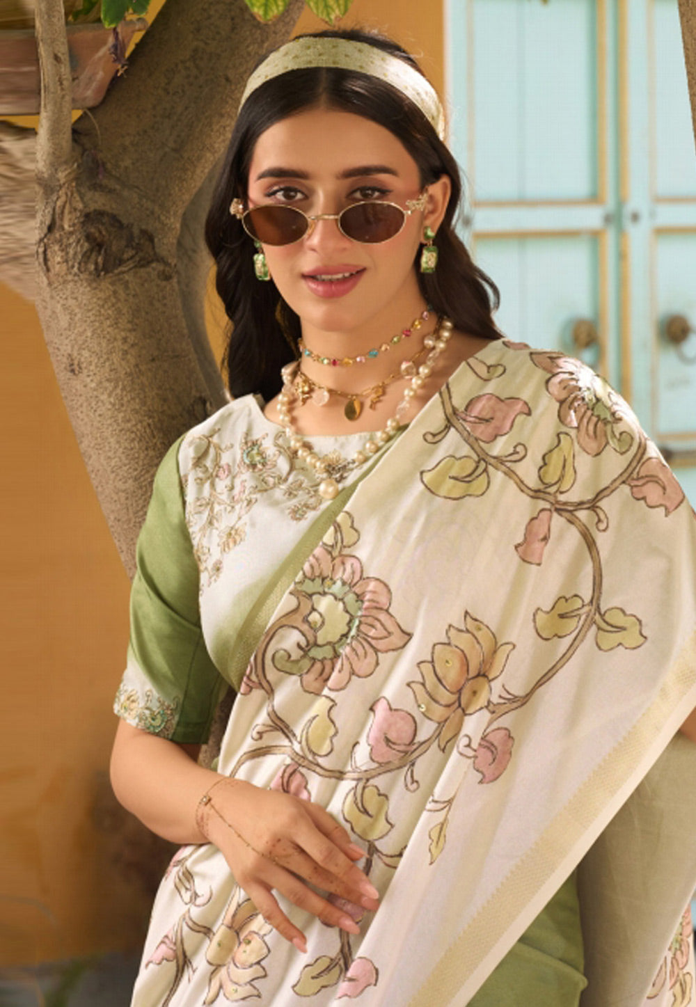 Faddism Kalam Temple Pure Tussar Silk Saree with Designer Pallu and Blouse