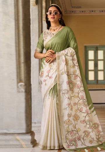 Faddism Kalam Temple Pure Tussar Silk Saree with Designer Pallu and Blouse