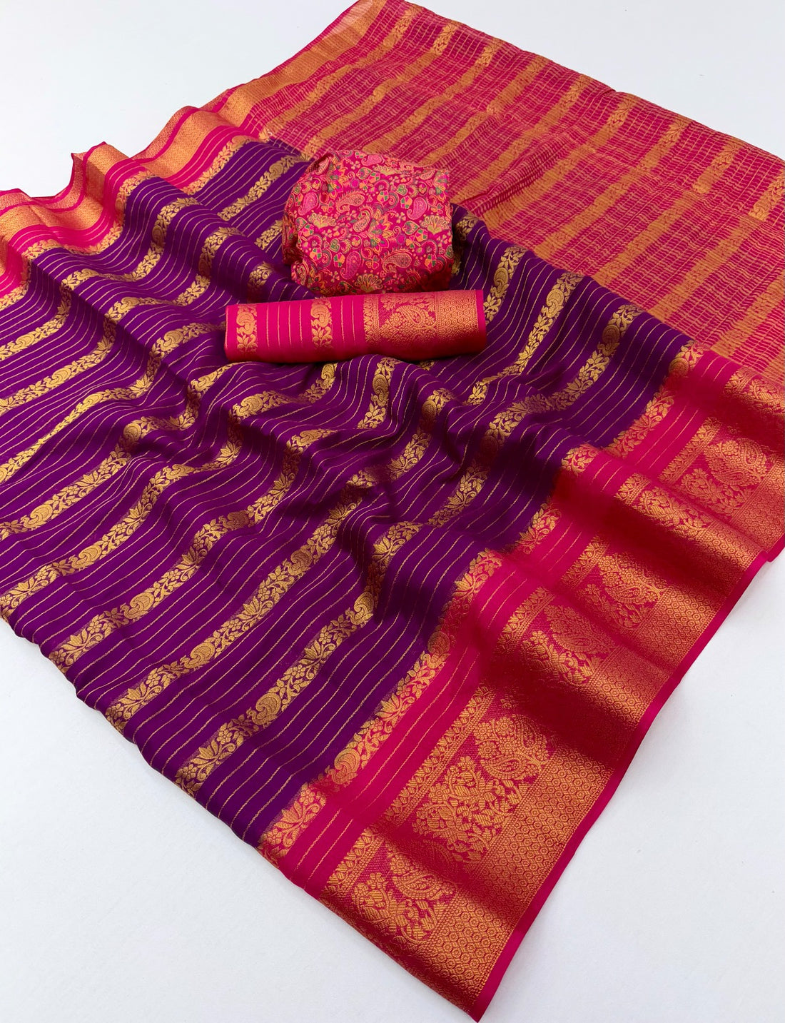 Faddism Kanjivaram Pattu Nylon Dyed Saree with Jacquard Double Blouse