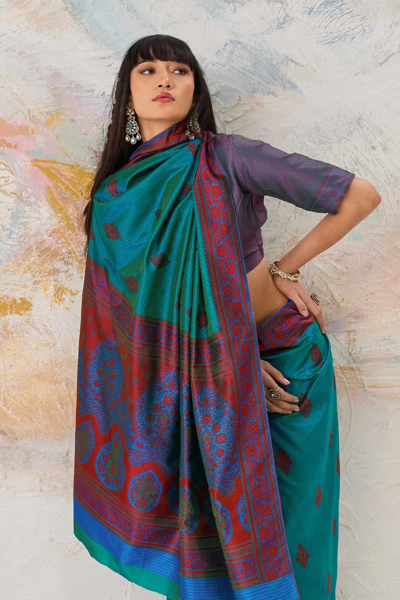 Faddism Kanjivaram Tanchoi 02 Blue Pure Kanjivaram Weaving Silk Saree
