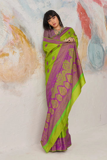 Faddism Kanjivaram Tanchoi 02 Green Pure Kanjivaram Weaving Silk Saree