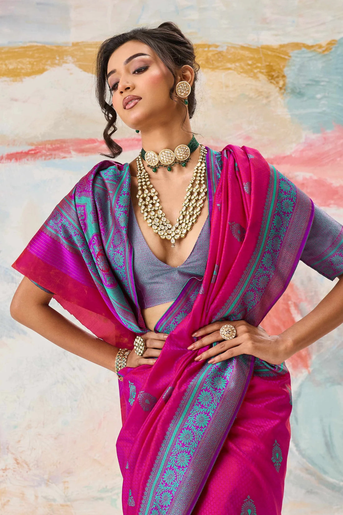 Faddism Kanjivaram Tanchoi 02 Pink Pure Kanjivaram Weaving Silk Saree