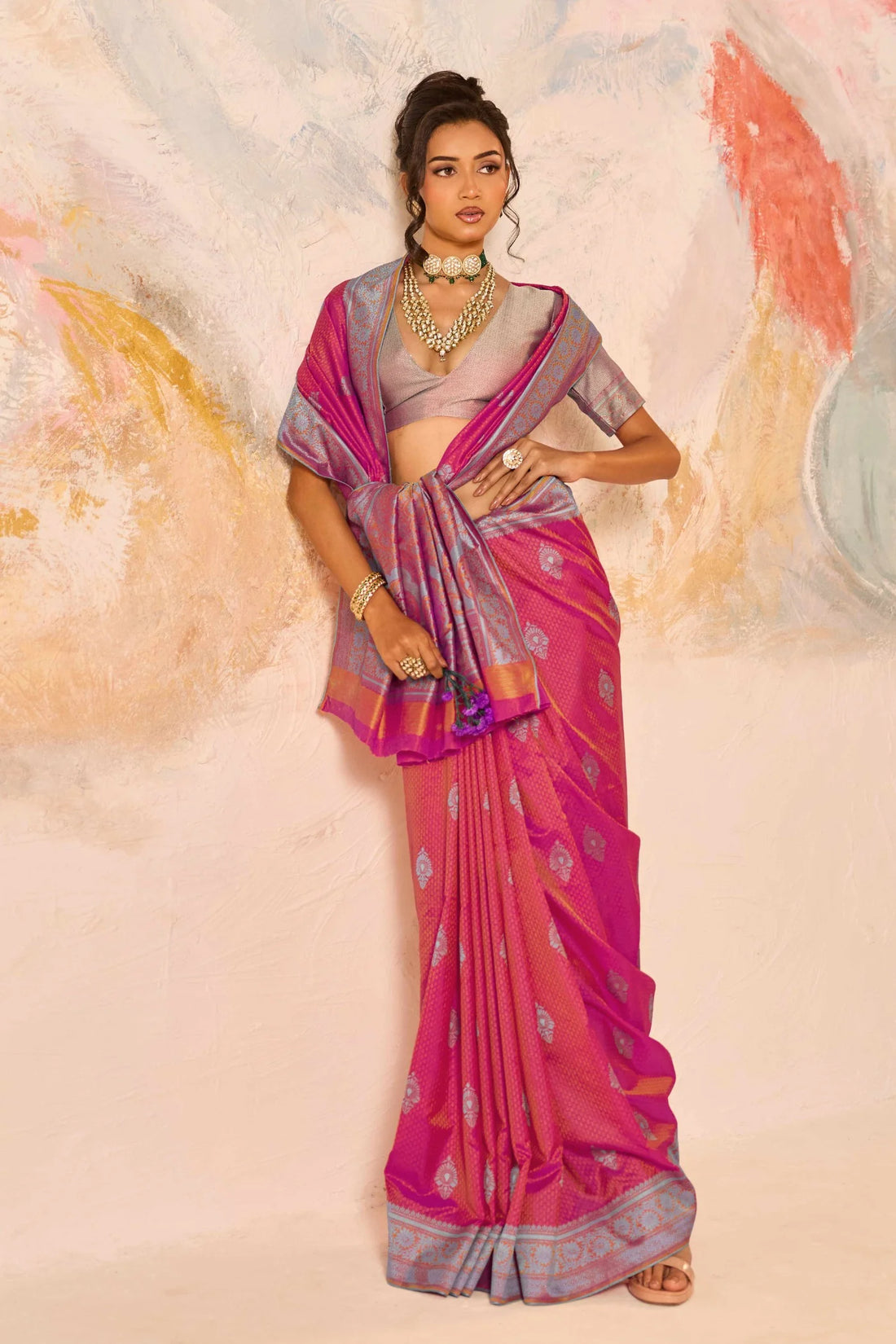 Faddism Kanjivaram Tanchoi 02 Pink Pure Kanjivaram Weaving Silk Saree